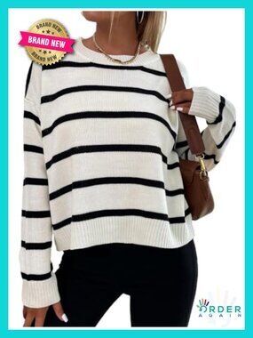 Striped Oversized Drop Shoulder Sweater Crew Neck Long Sleeve Pullover
